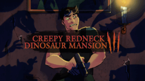 Cover image of CRDM3. A man looks scared and holds a gun with creepy dinosaur shadows overlaid on top of him.