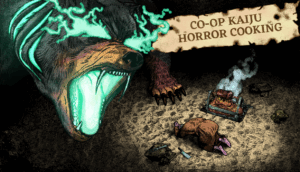 Key art for Co-op Kaiju Horror Cooking: a giant bear with neon teal gills, mouth, and eyes roars down at a monk praying on a beach