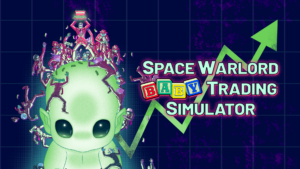 Key art for Space Warlord Baby Trading Simulator which features an alien baby being climbed by tiny besuited aliens who are competing to hold a brief case full of money atop the baby.